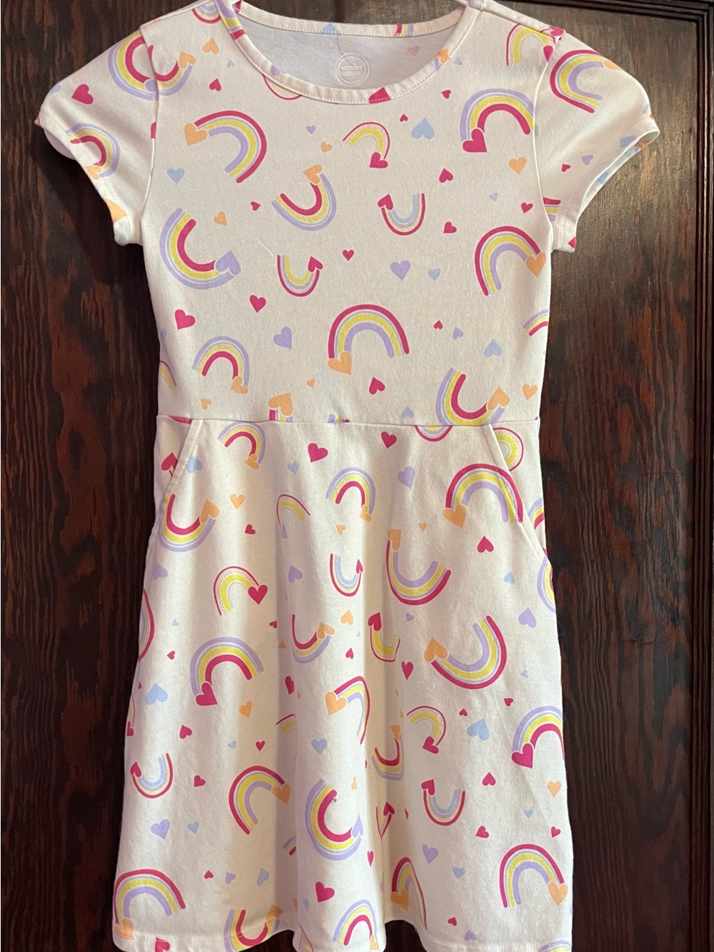 wonder nation off-white Short-Sleeve Dress with Pink Purple and Yellow Rainbows